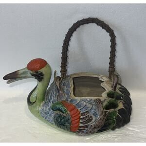 Collectible Hand Painted Banko Ware Duck Teapot, Wicker Bail Handle Japan